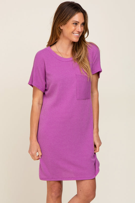 PinkBlush Violet Ribbed Front Pocket Dolman Short Sleeve Dress - Main Product Image