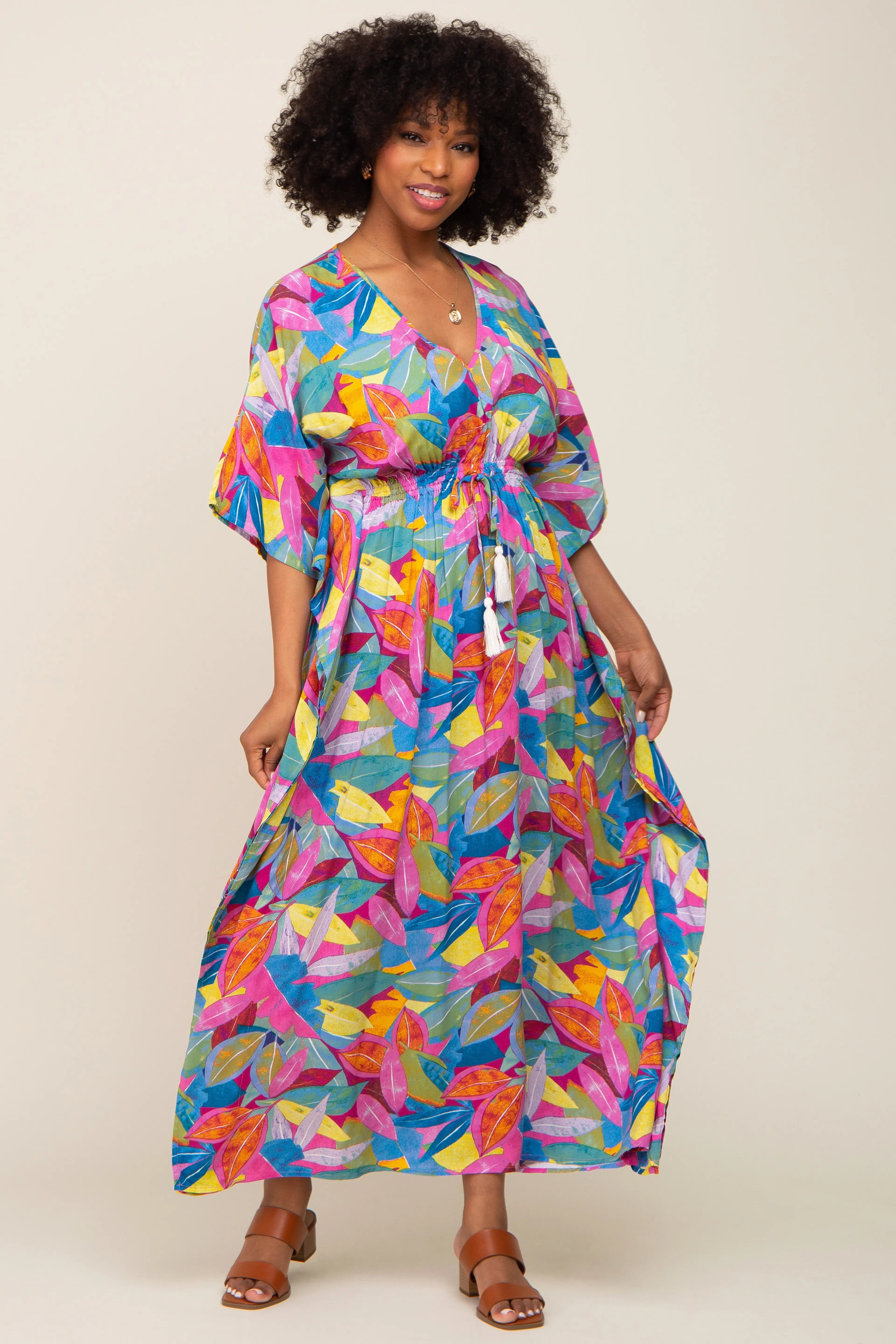 Magenta Multicolor Leaf Pint Tassel Tie Maternity Maxi Dress PinkBlush