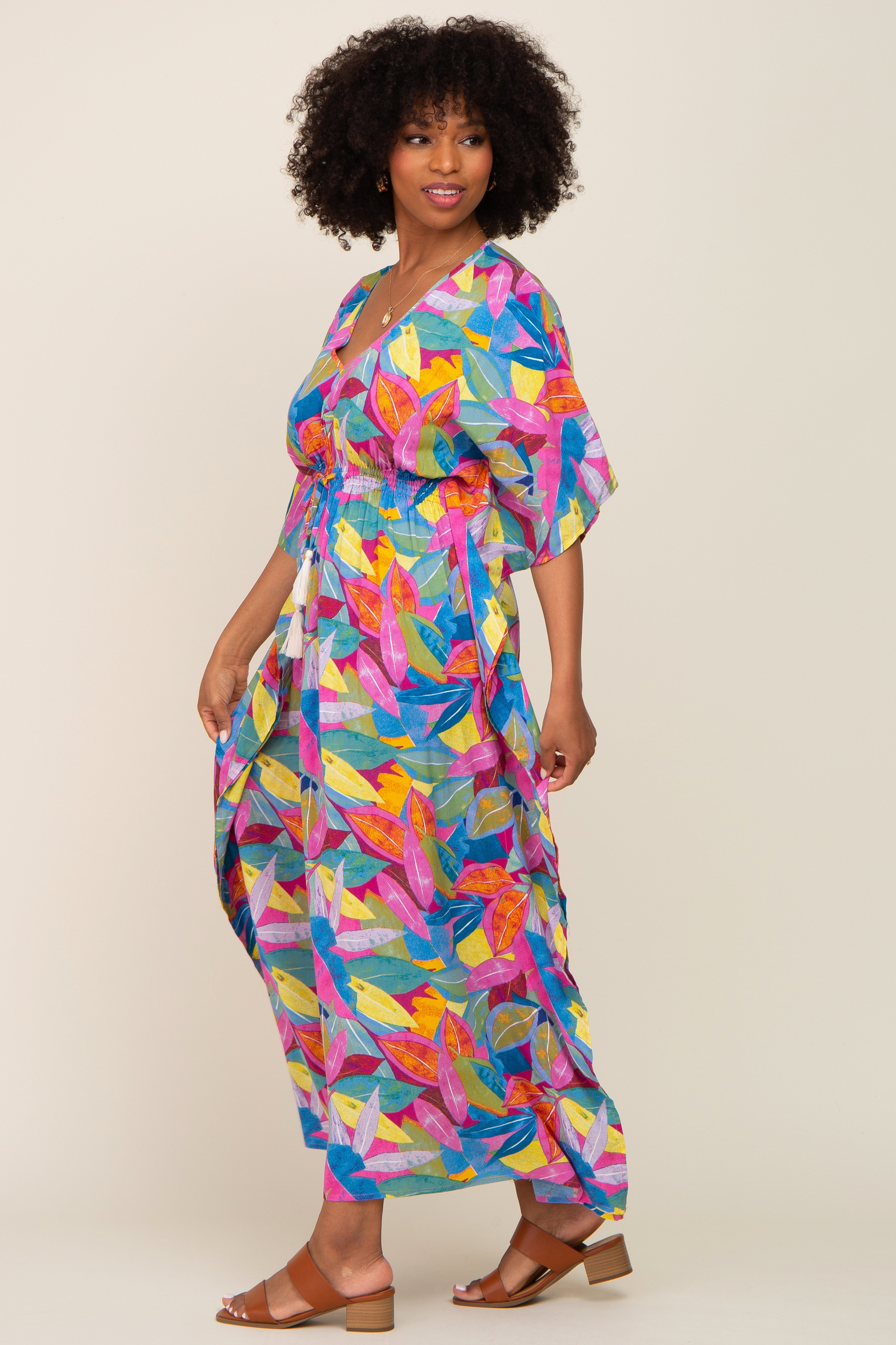 Magenta Multicolor Leaf Pint Tassel Tie Maxi Dress PinkBlush