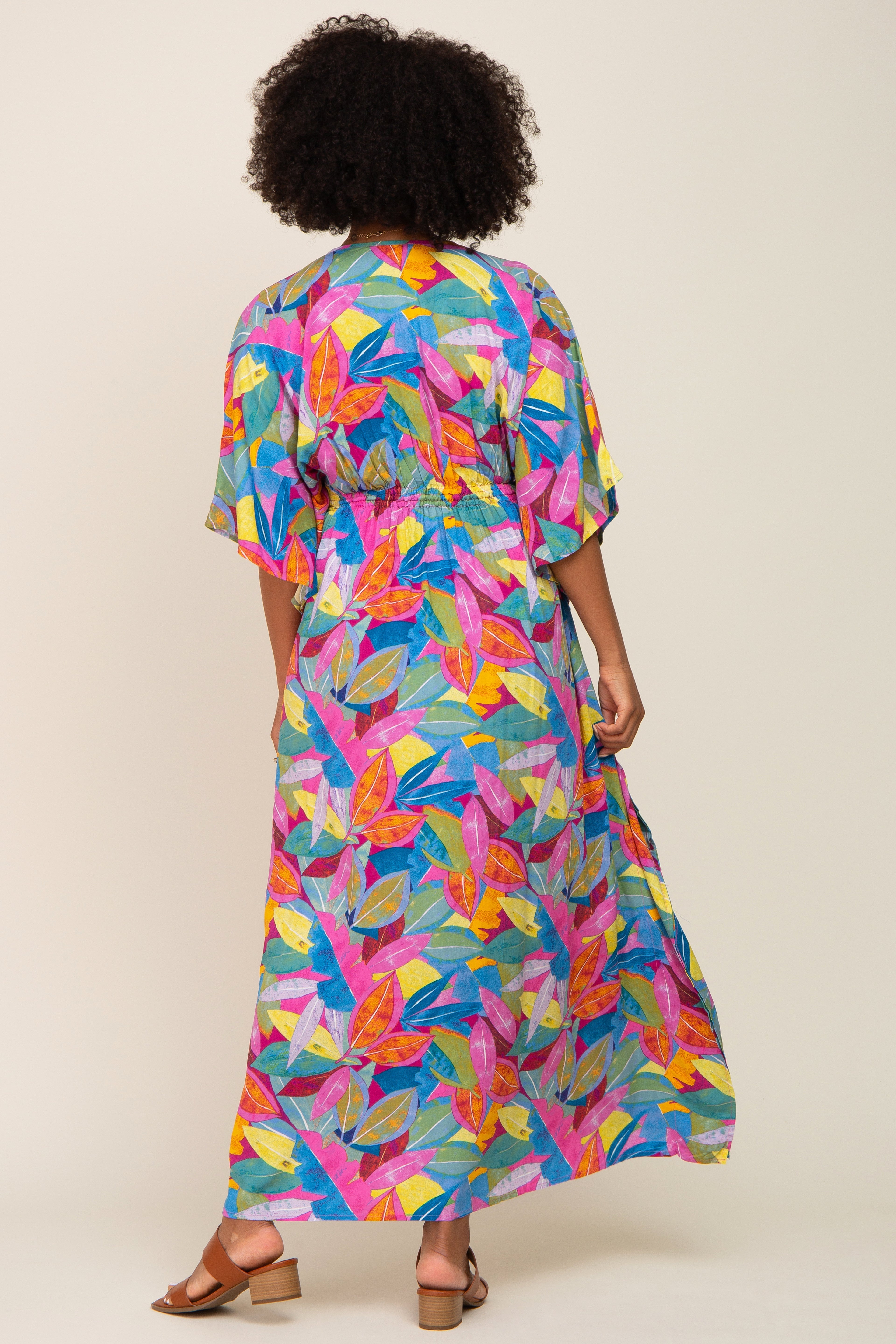 Magenta Multicolor Leaf Pint Tassel Tie Maxi Dress PinkBlush