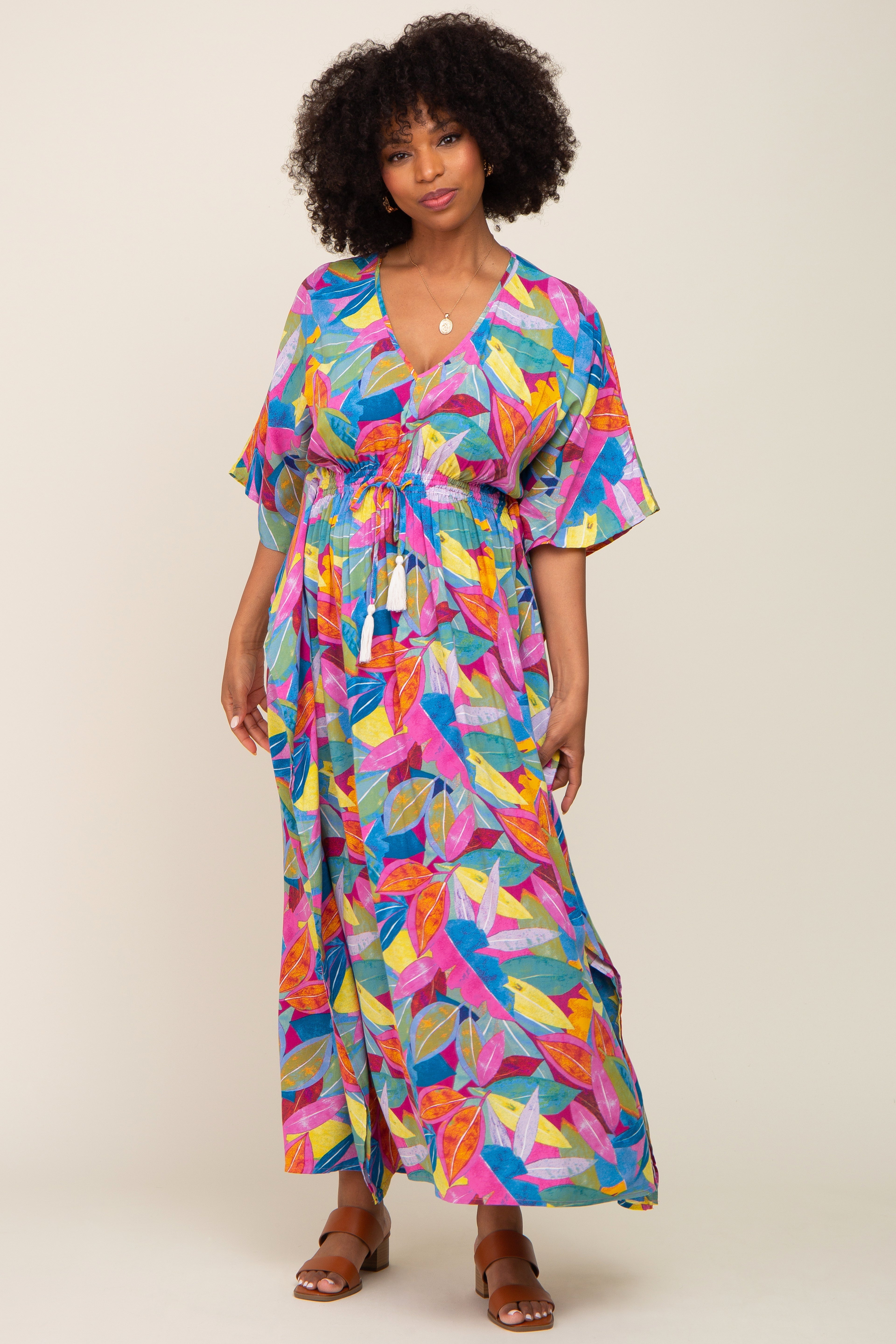 Magenta Multicolor Leaf Pint Tassel Tie Maxi Dress PinkBlush