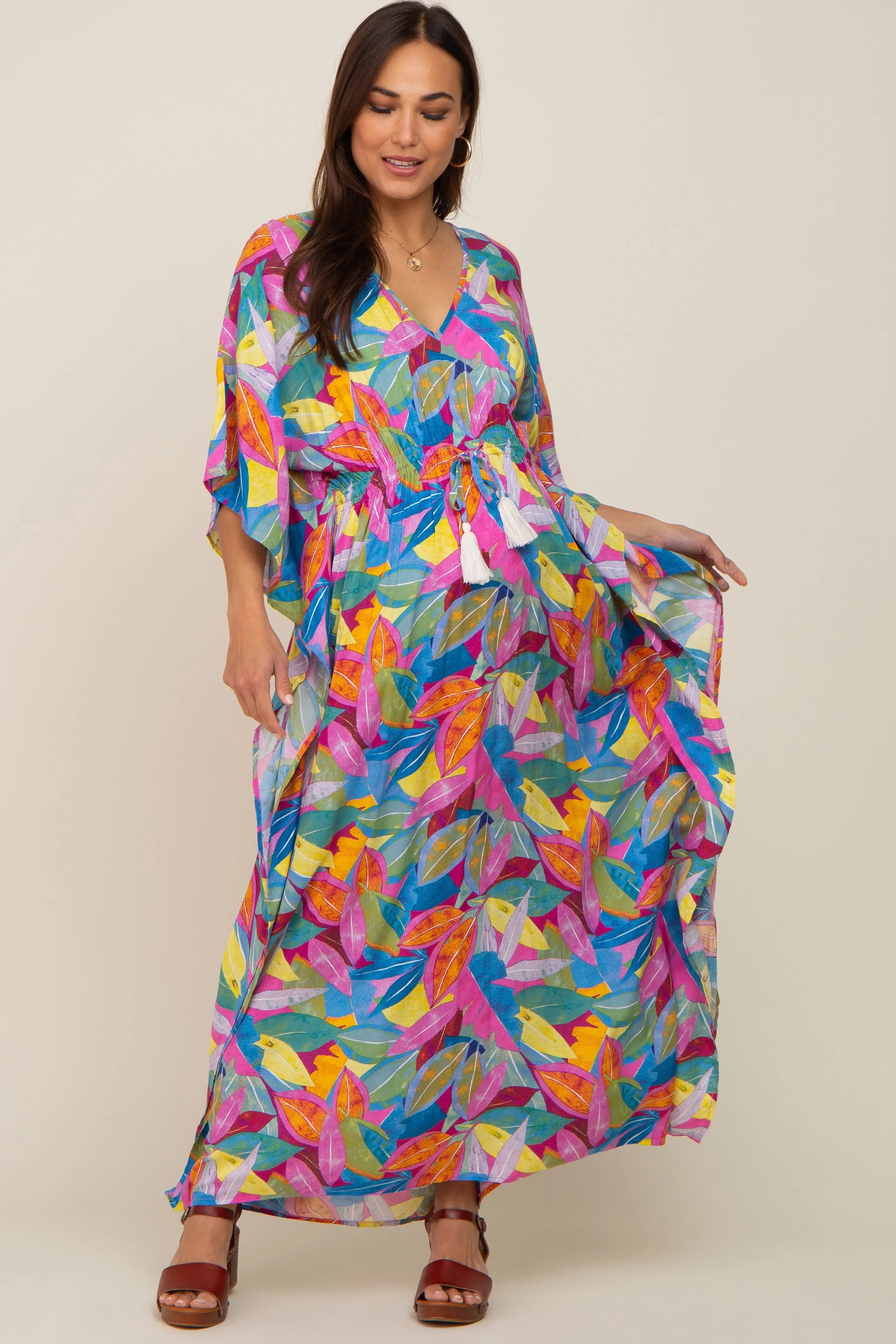 Magenta Multicolor Leaf Pint Tassel Tie Maternity Maxi Dress PinkBlush