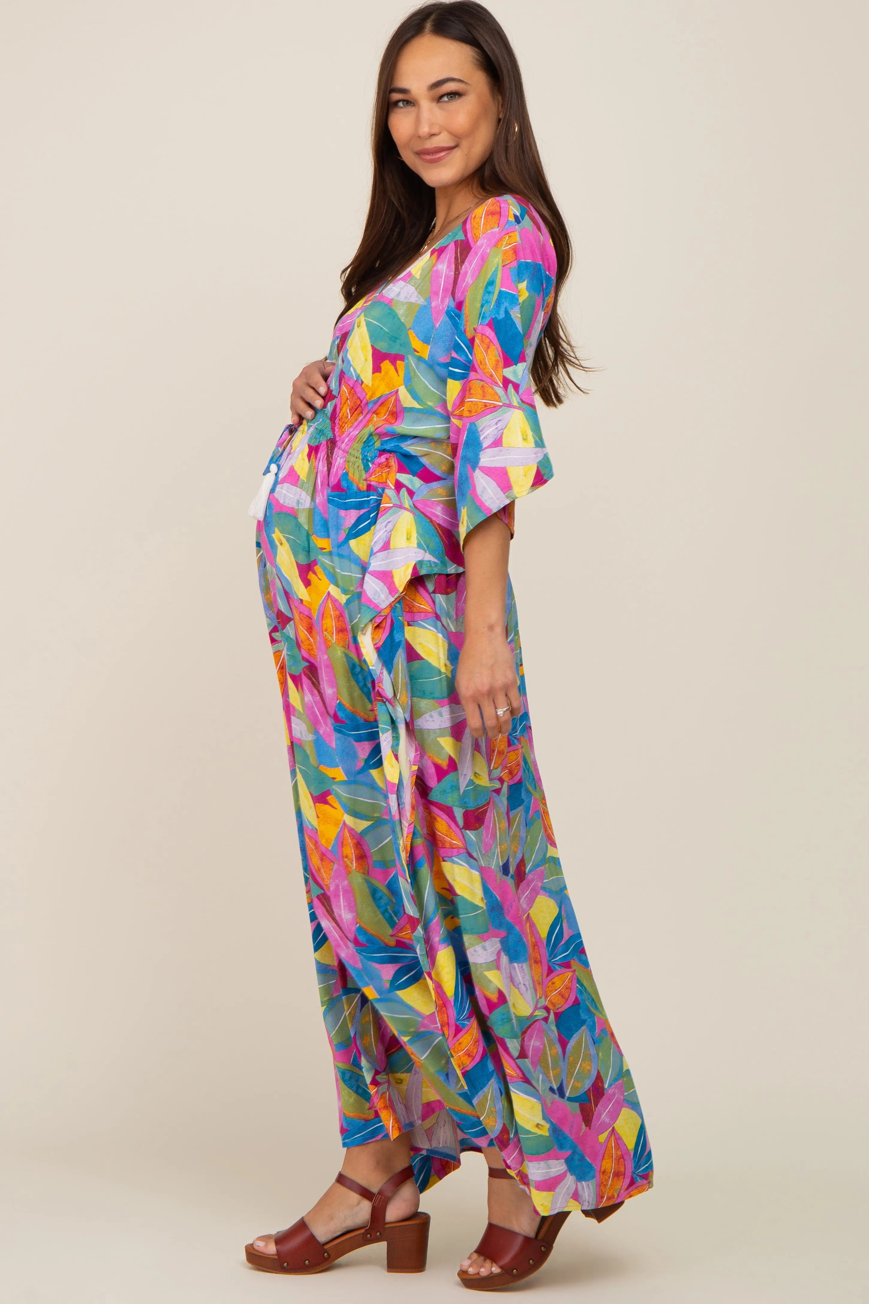 Magenta Multicolor Leaf Pint Tassel Tie Maternity Maxi Dress PinkBlush