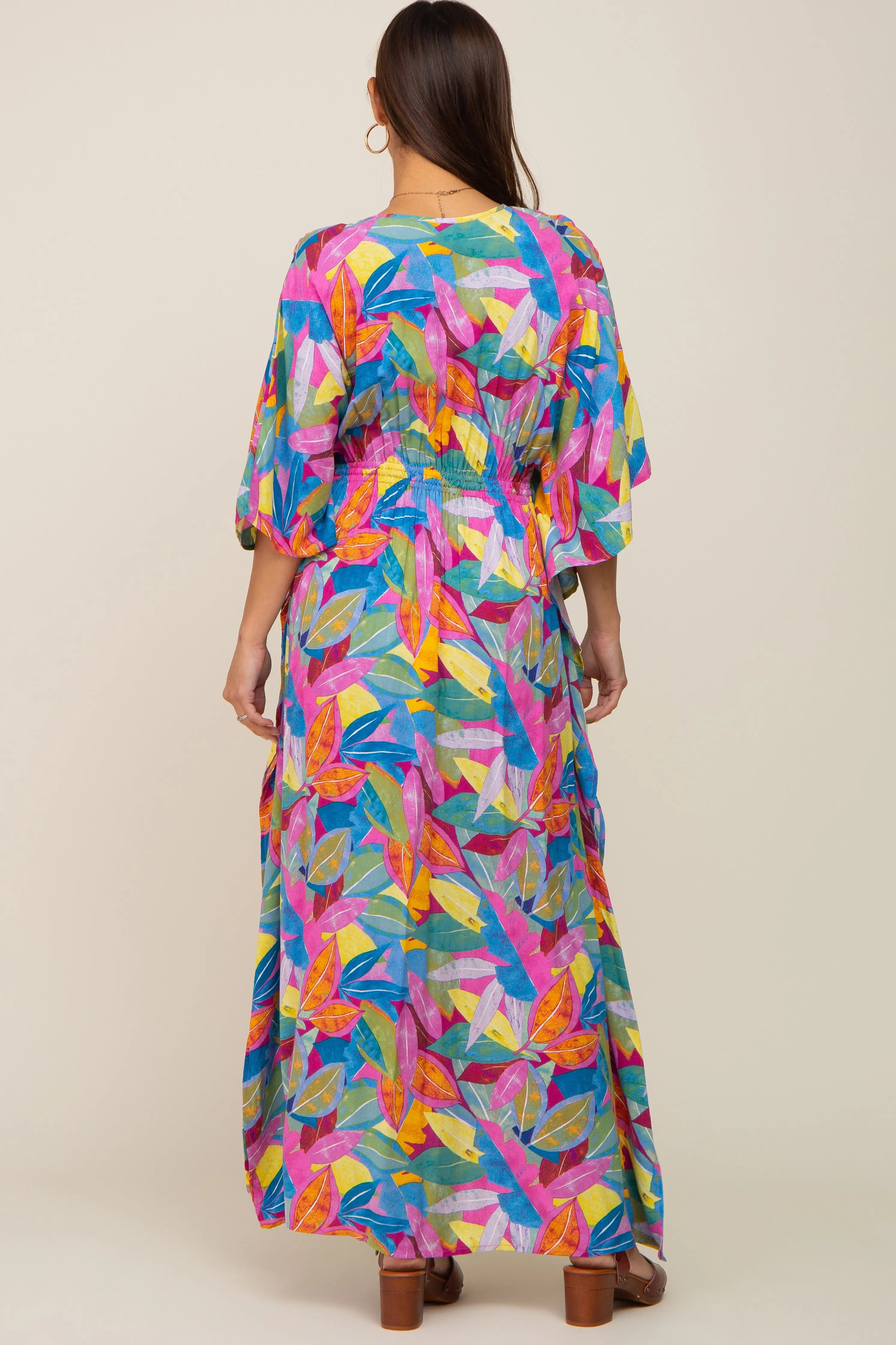 Magenta Multicolor Leaf Pint Tassel Tie Maternity Maxi Dress PinkBlush