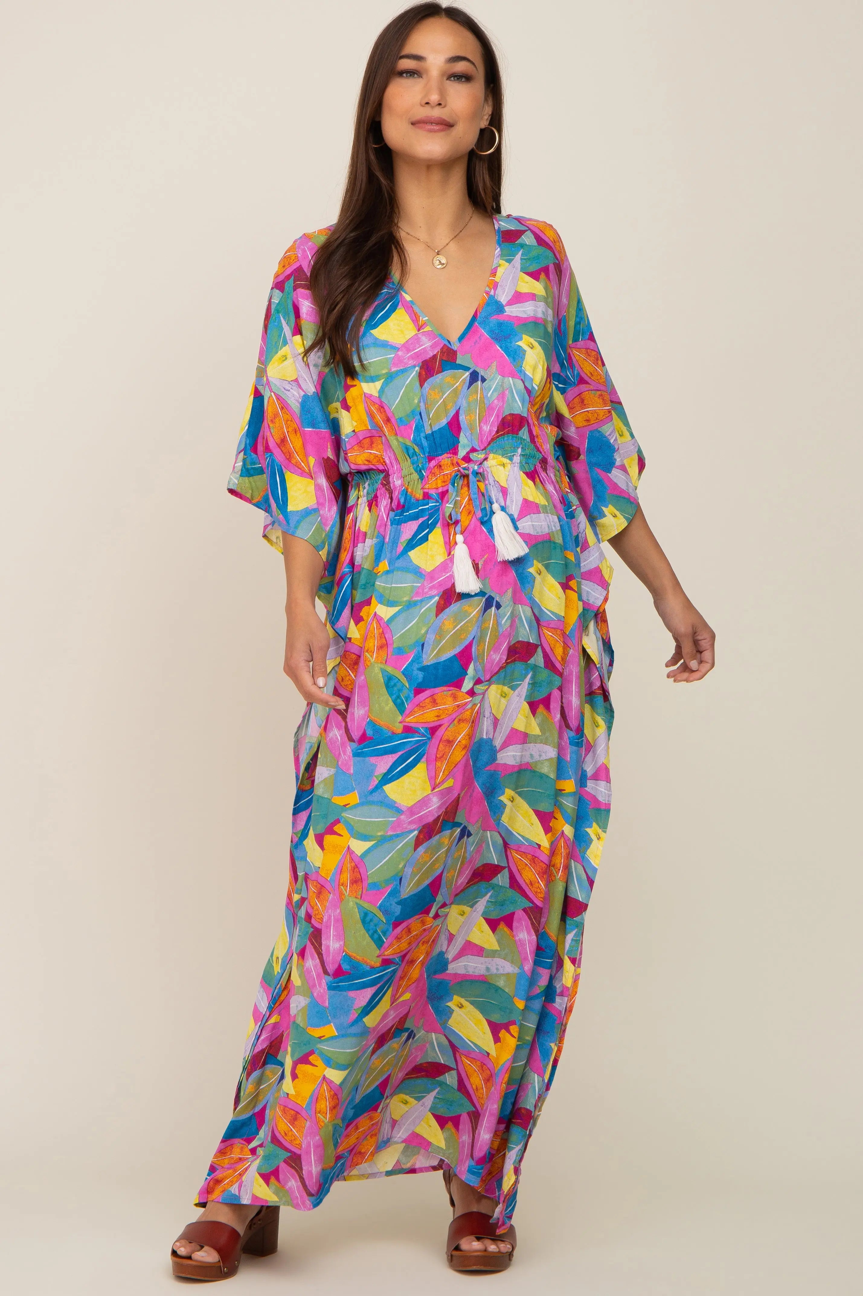 Magenta Multicolor Leaf Pint Tassel Tie Maternity Maxi Dress PinkBlush