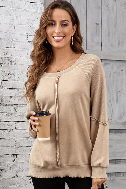 Chic light beige waffle knit raglan sweatshirt with patchwork details