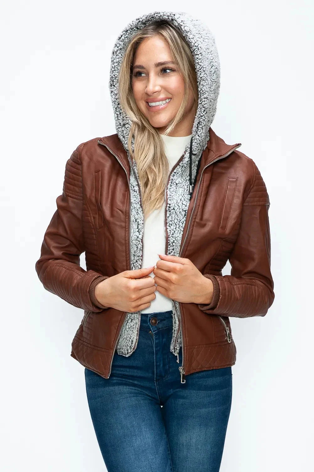 YMI Faux Layered Double-Zipper Jacket with Fuzzy Hood Coco’s Tee Boutique