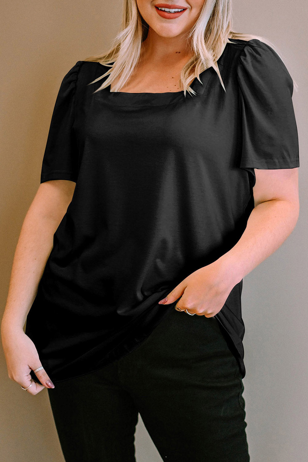 Chic black plus size square neck top with ruched sleeves