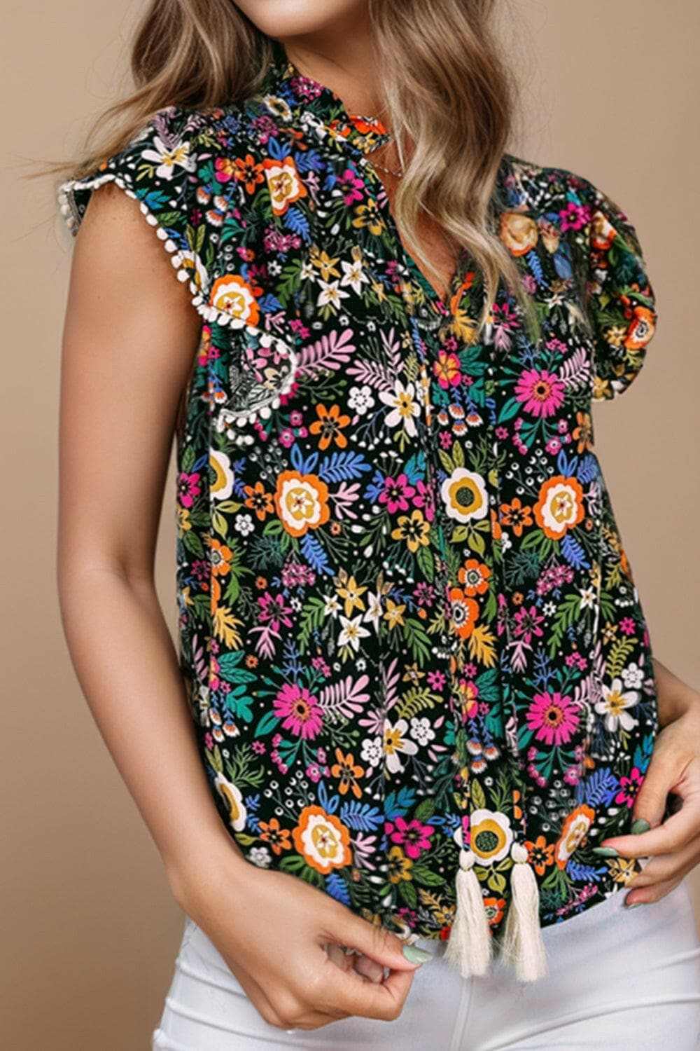 Tassel Printed Cap Sleeve Blouse.