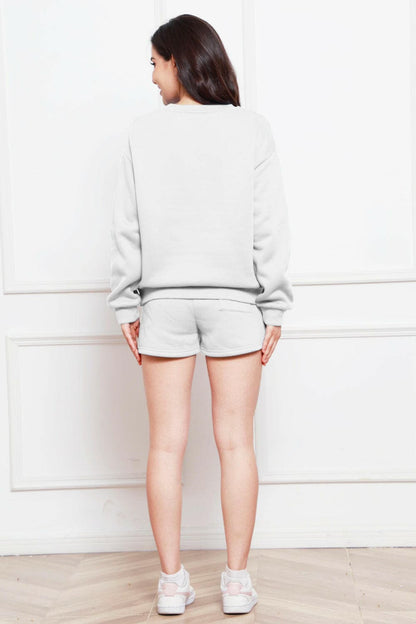 Round Neck Long Sleeve Sweatshirt and Drawstring Shorts Set.