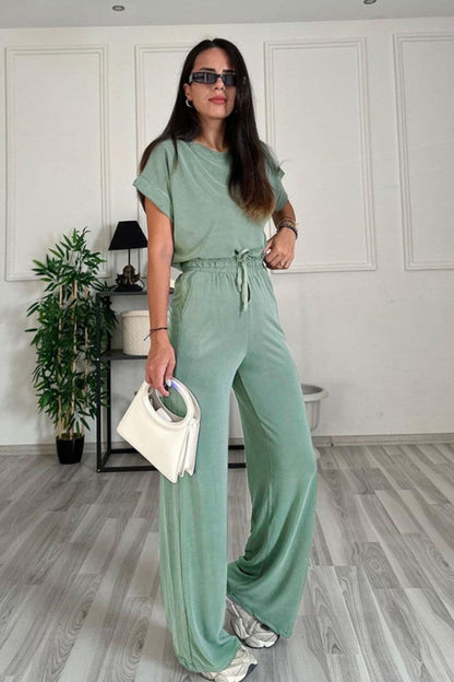 Round Neck Short Sleeve Top and Drawstring Pants Set.