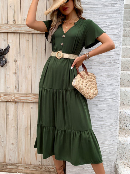 Tiered Notched Short Sleeve Midi Dress.