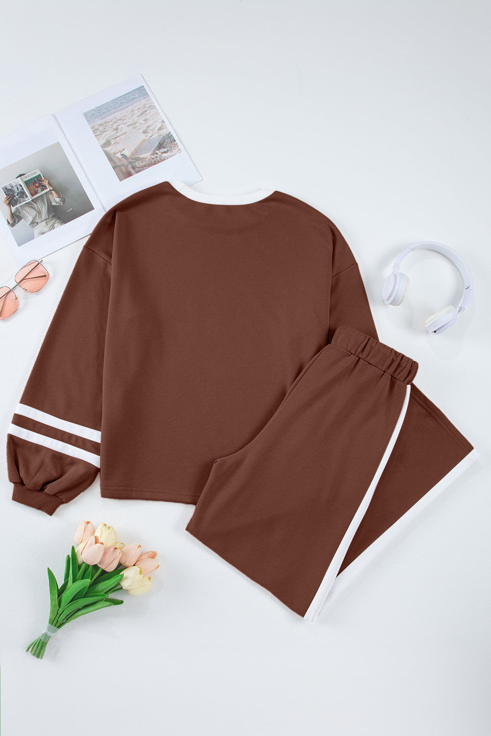 Chestnut Varsity Stripe Puff Sleeve Pullover Drawstring Wide Leg Pant Set Dear-Lover Dropshipping