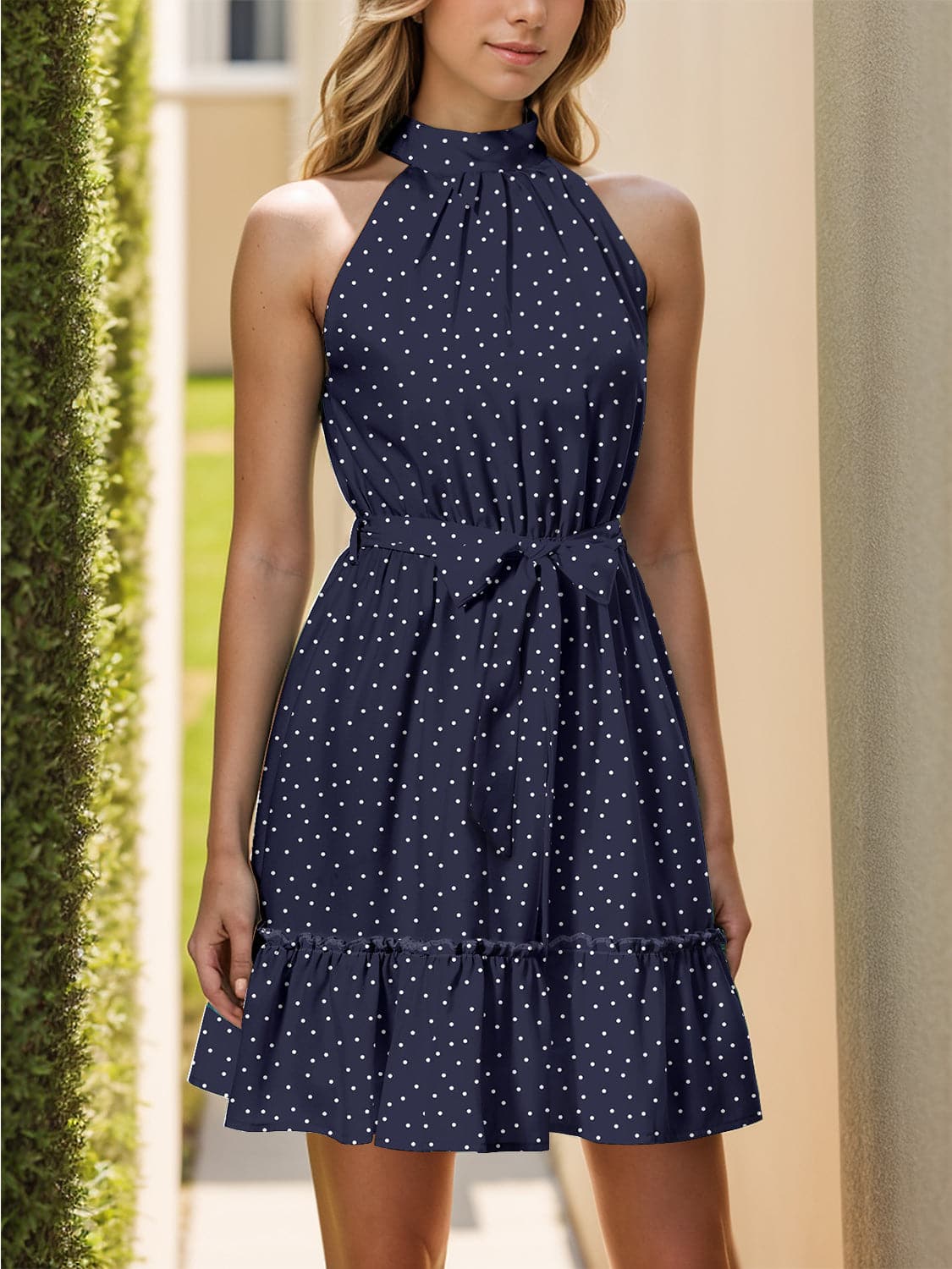 Tied Polka Dot Grecian Sleeveless Dress.