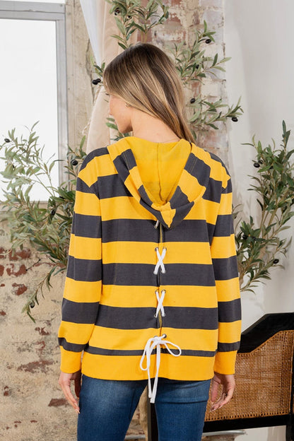 Full Size Drawstring Striped Long Sleeve Hoodie.