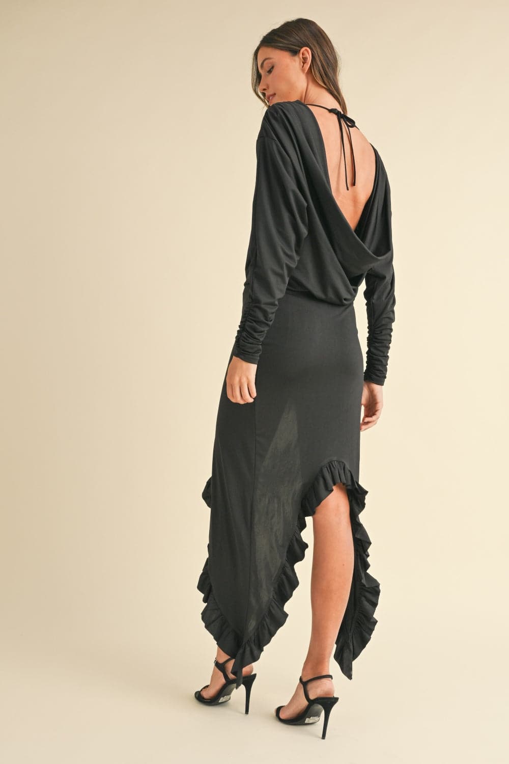 Backless asymmetric ruffle maxi dress