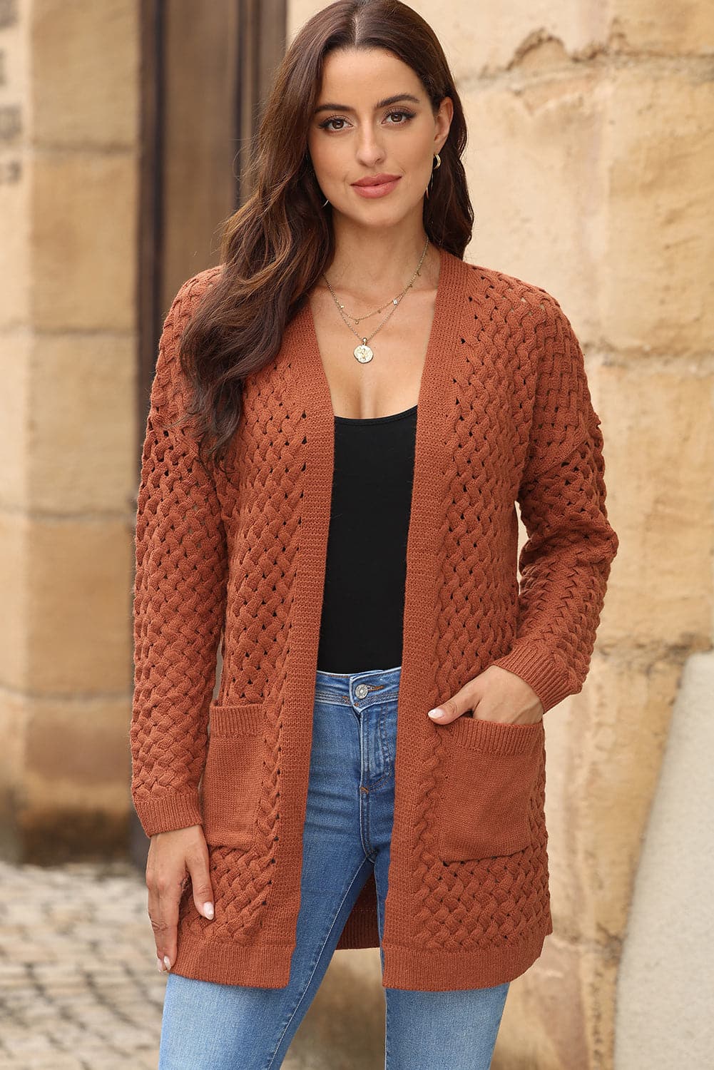 Open Front Dropped Shoulder Cardigan with Pockets.