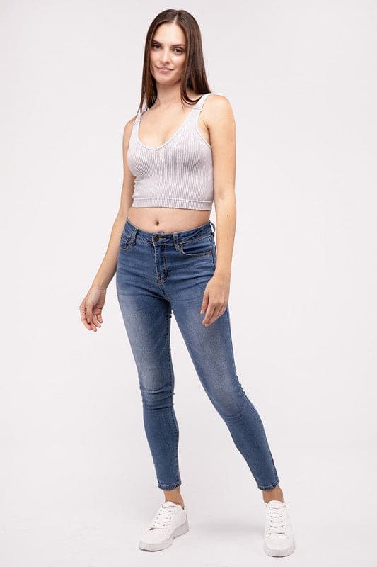 Washed Ribbed Cropped V-Neck Tank Top.