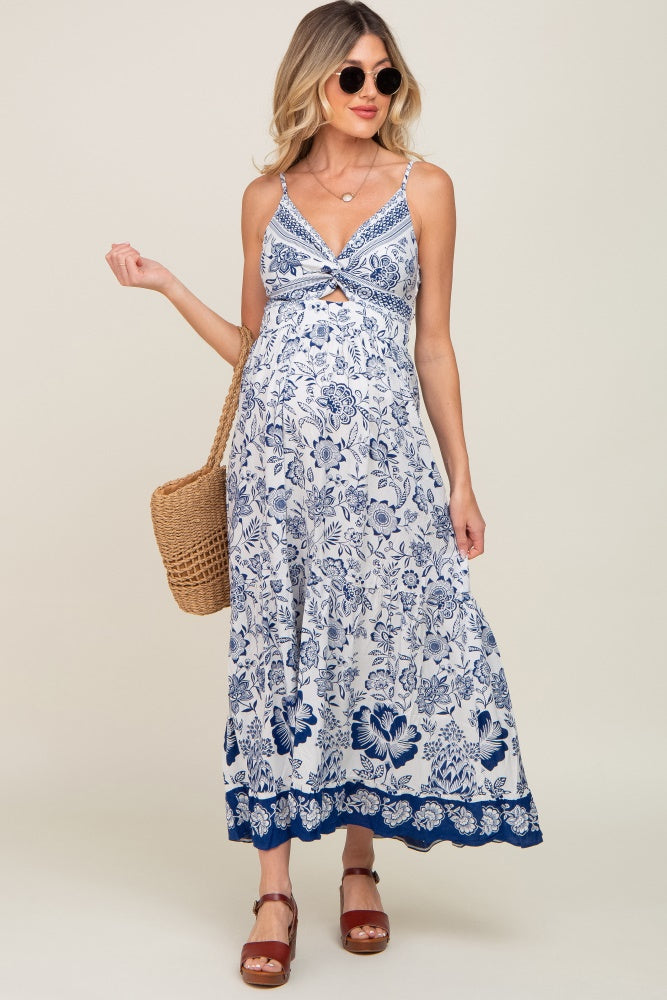 Navy Blue Floral Front Twist Maternity Maxi Dress PinkBlush
