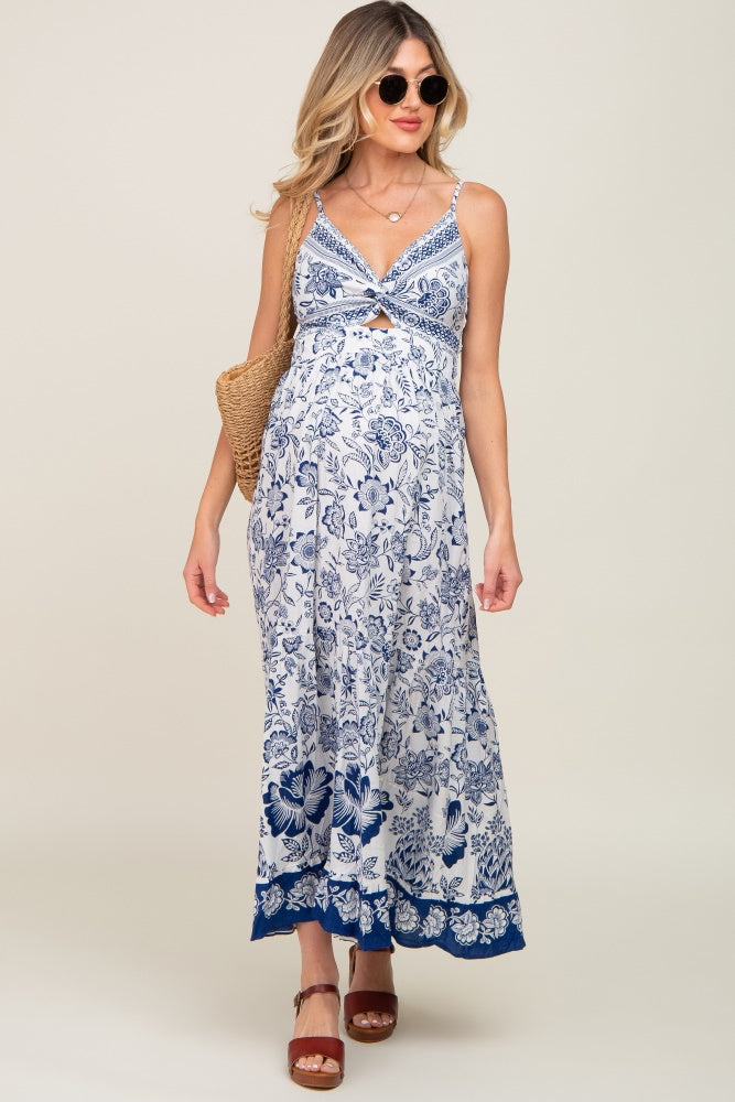 Navy Blue Floral Front Twist Maternity Maxi Dress PinkBlush