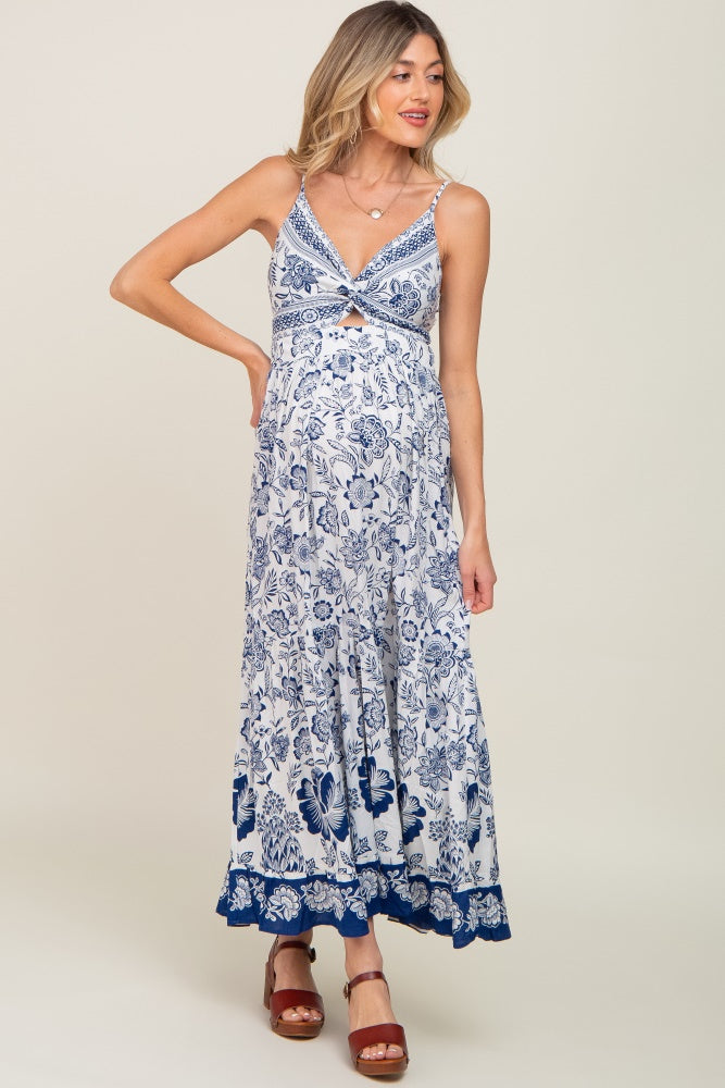 Navy Blue Floral Front Twist Maternity Maxi Dress PinkBlush