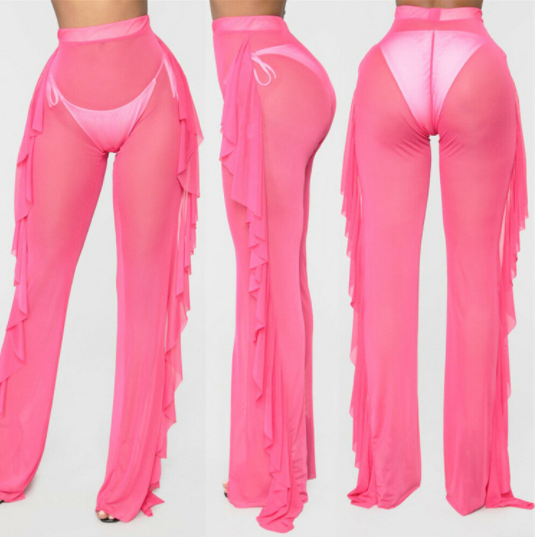 Ruffled Solid Color Casual Sexy Yarn Pants See through Women Beach Vacation Trousers Bella Mia