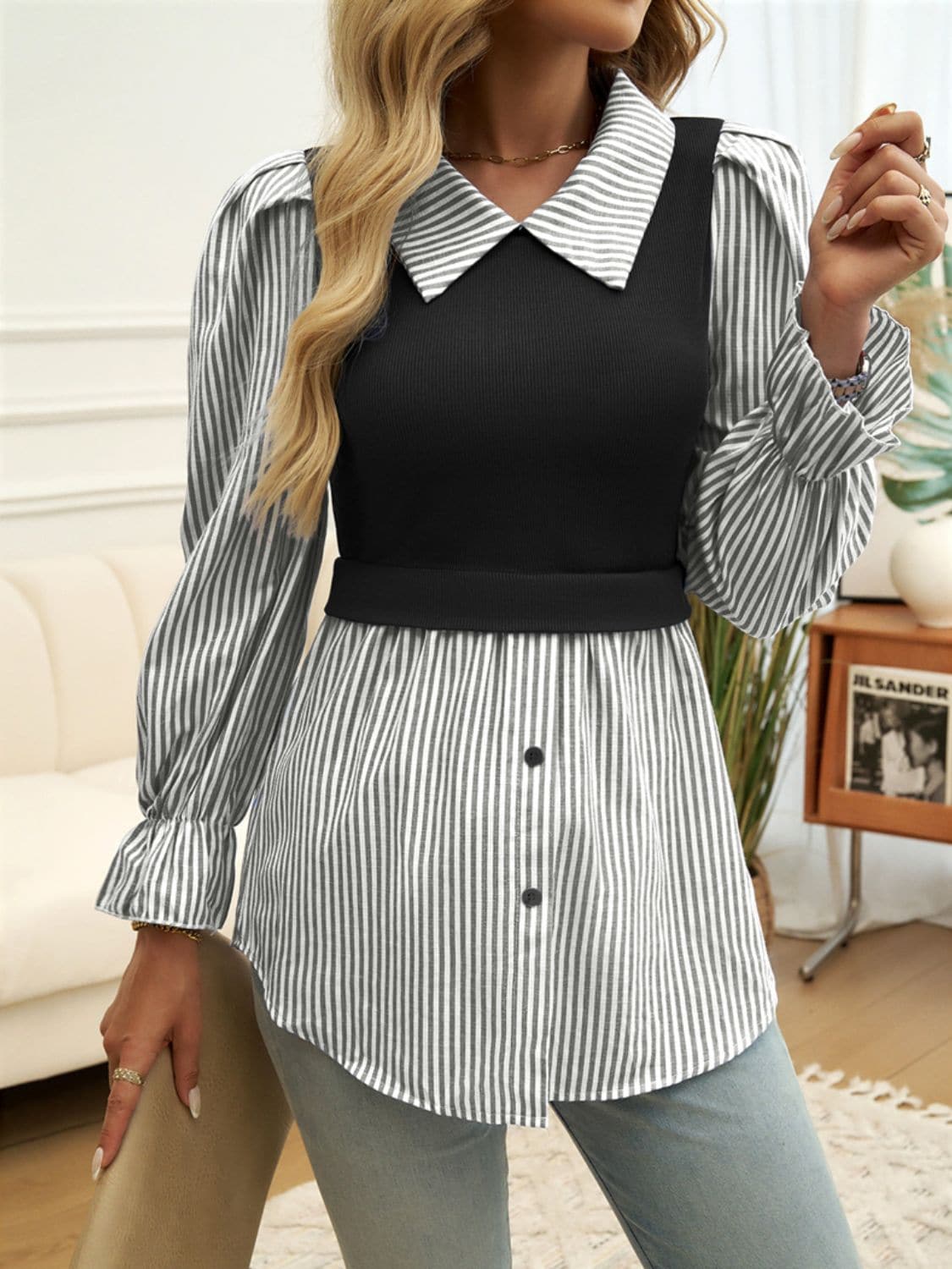 Layered striped shirt with buttons