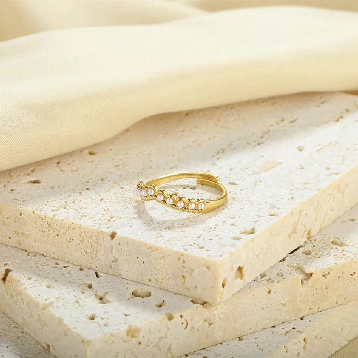 Gold Plated Pearl Embellished Adjustable Ring Stainless Steel Simply Love