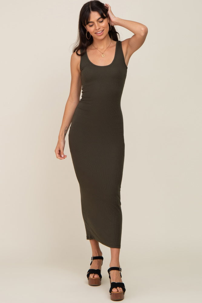 Olive Ribbed Basic Maternity Maxi Dress PinkBlush