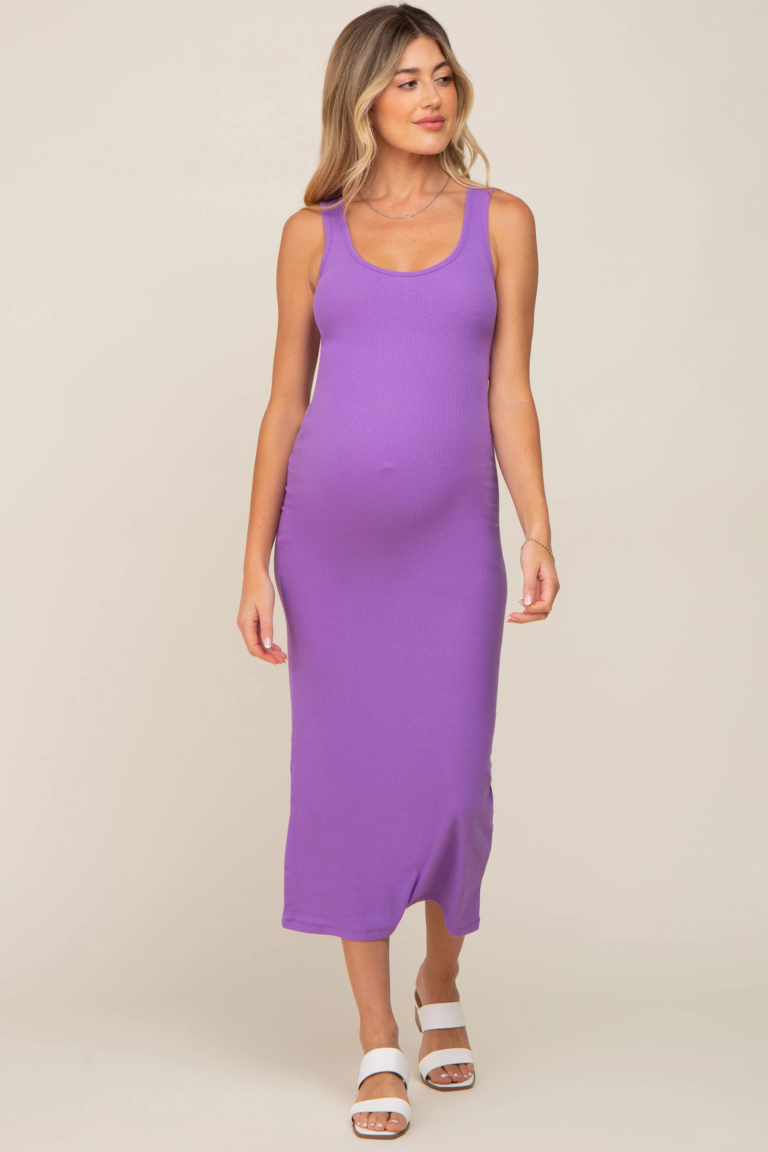 Lavender Ribbed Basic Maternity Maxi Dress PinkBlush