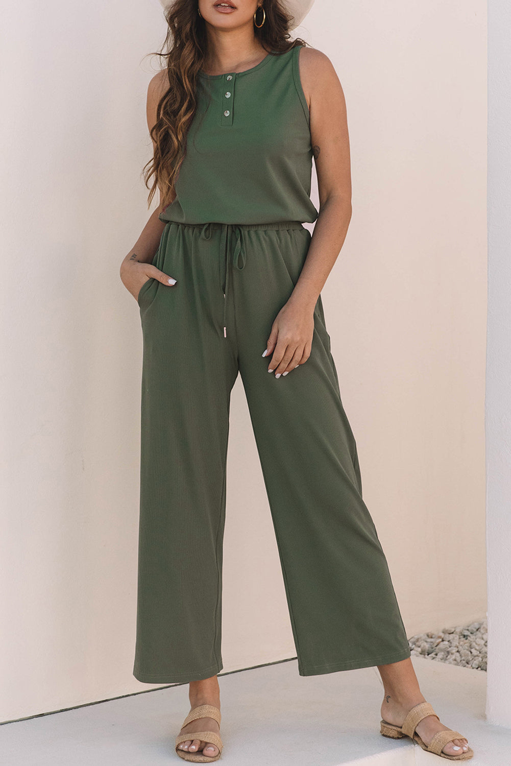 Vineyard Green Sleeveless Wide-Leg Jumpsuit with Drawstring Waist and Button Detail