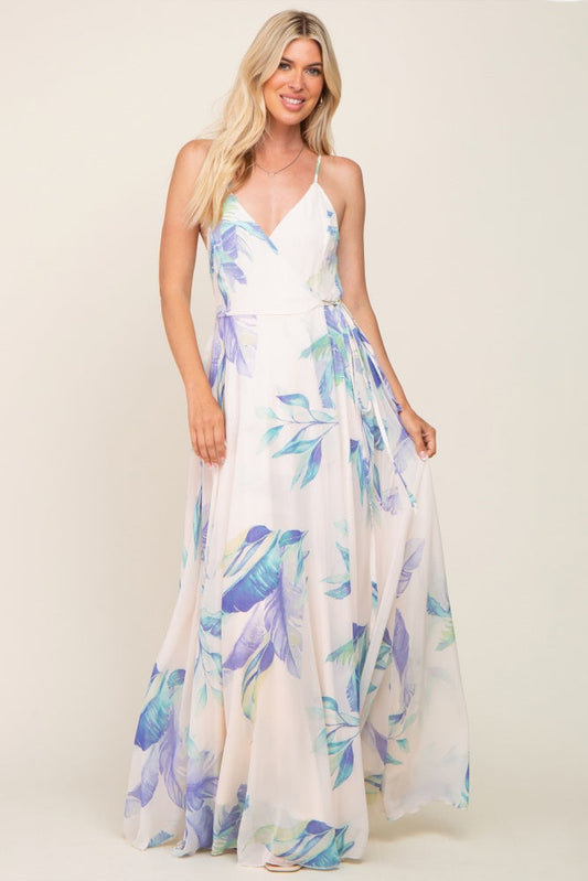 Lavender Feather Printed Chiffon Wrap Front Maxi Dress PinkBlush