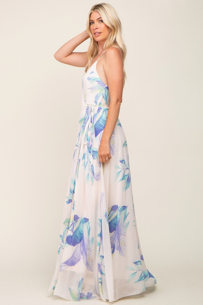 Lavender Feather Printed Chiffon Wrap Front Maxi Dress PinkBlush