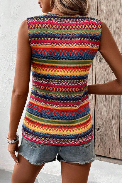 Chic yellow sleeveless top with ethnic wavy design