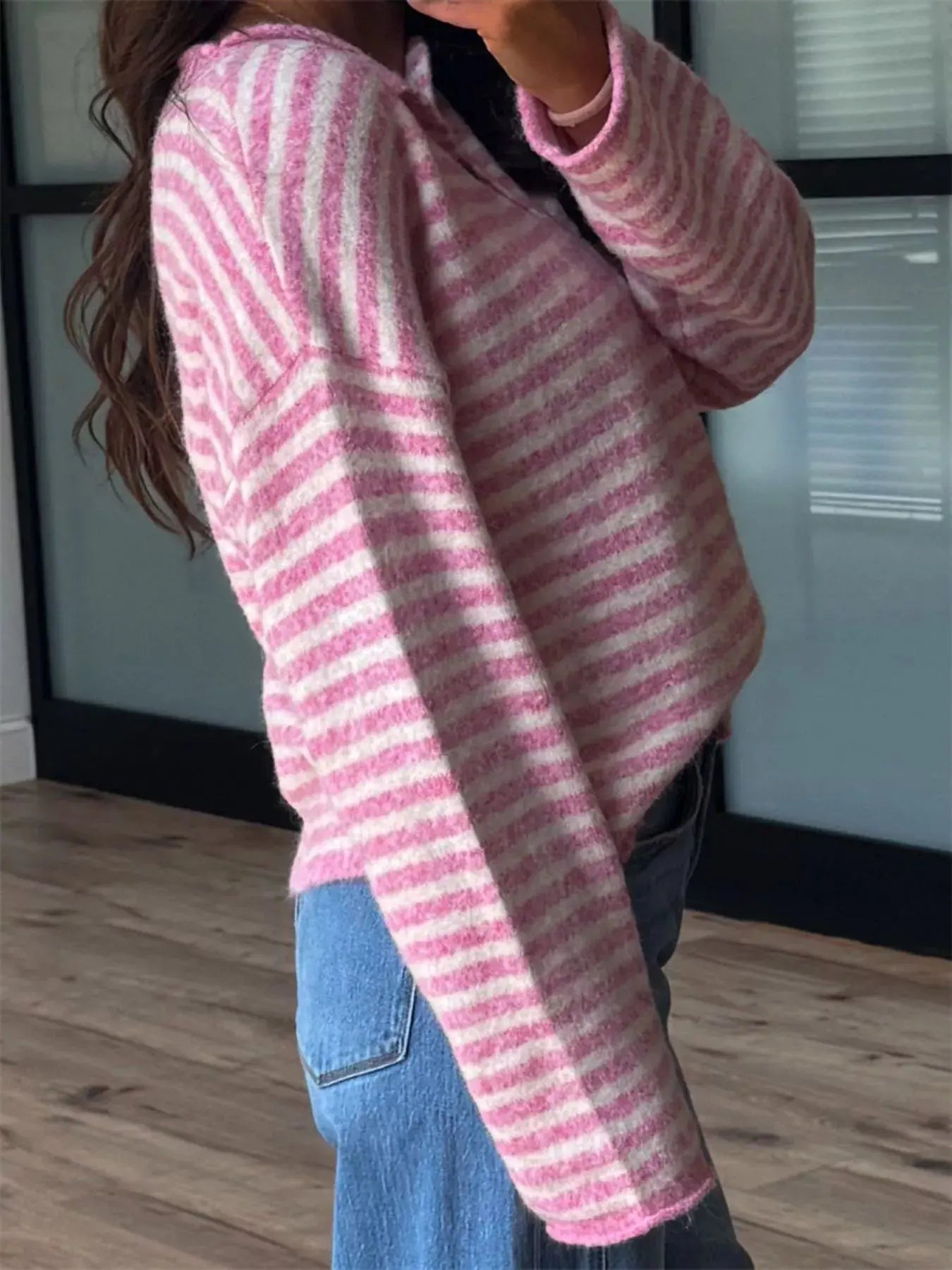 Button Detail Dropped Shoulder Striped Sweater Simply Love
