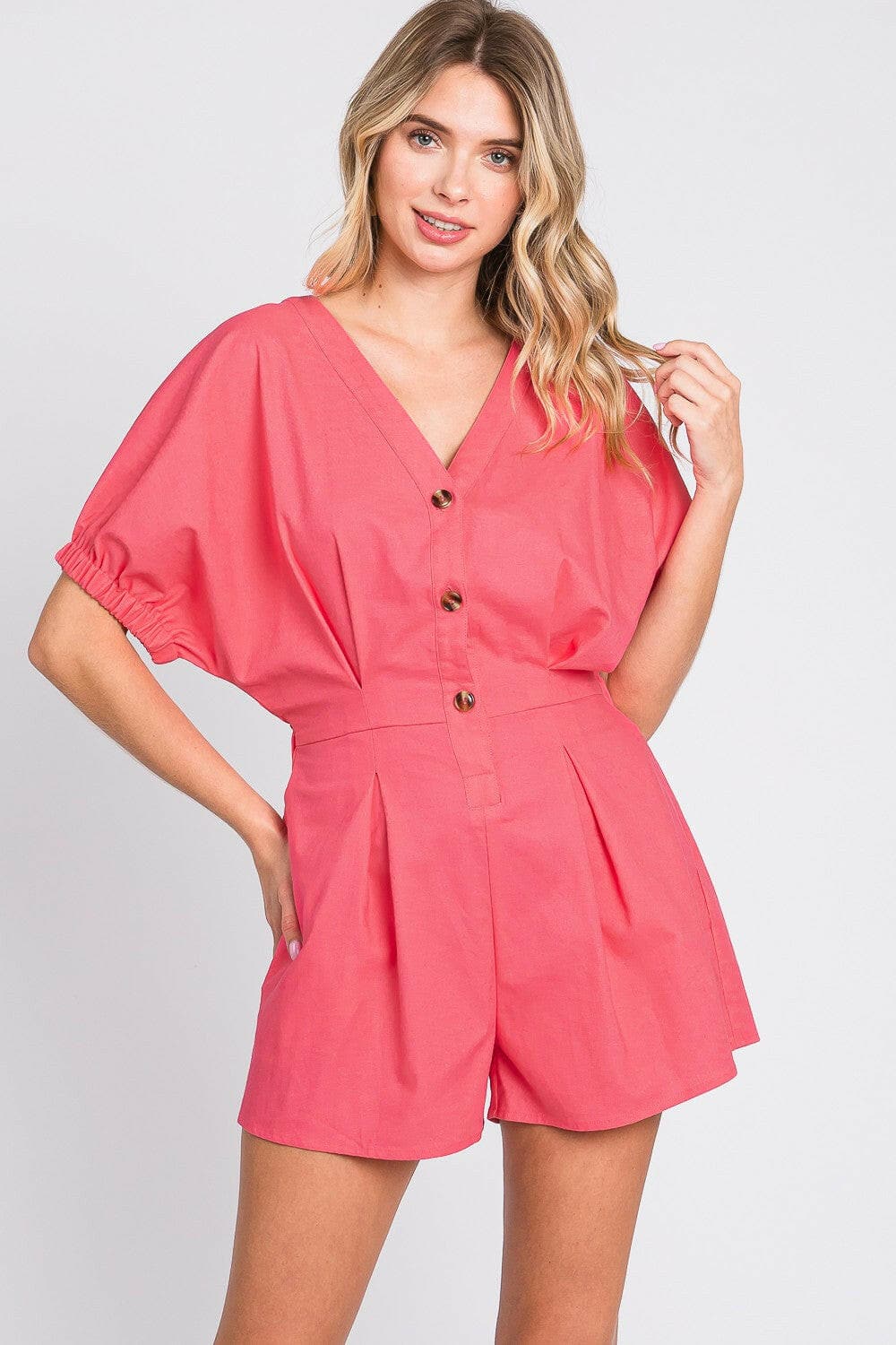 GeeGee Half Button V-Neck Linen Romper.