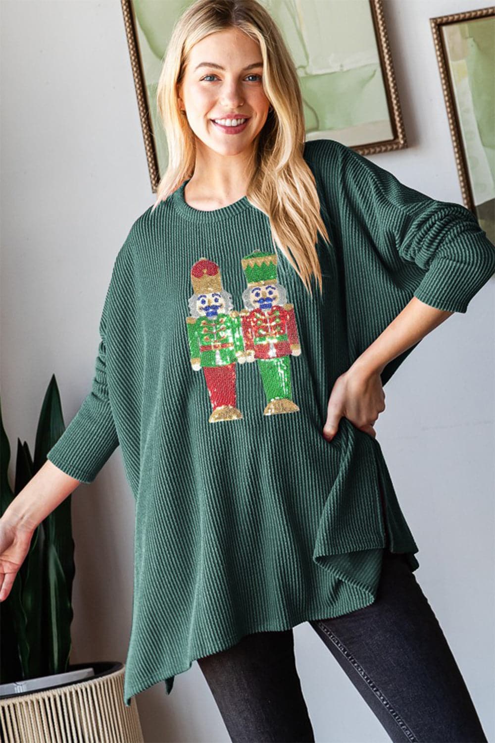 Festive sequin nutcracker long sleeve top for holiday sparkle