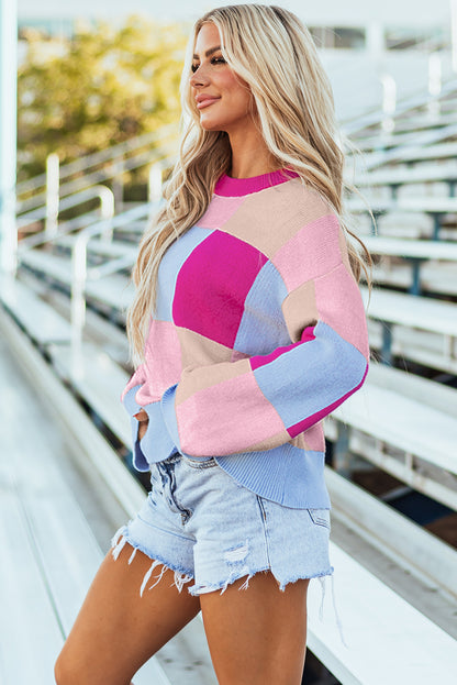 Rose Red Color Block Oversized Drop Shoulder Sweater