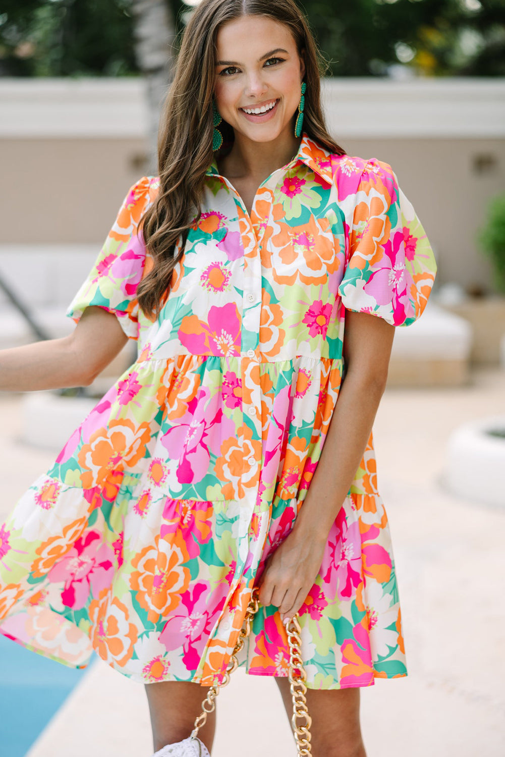 Charming pink floral puff sleeve babydoll dress with collar and buttons