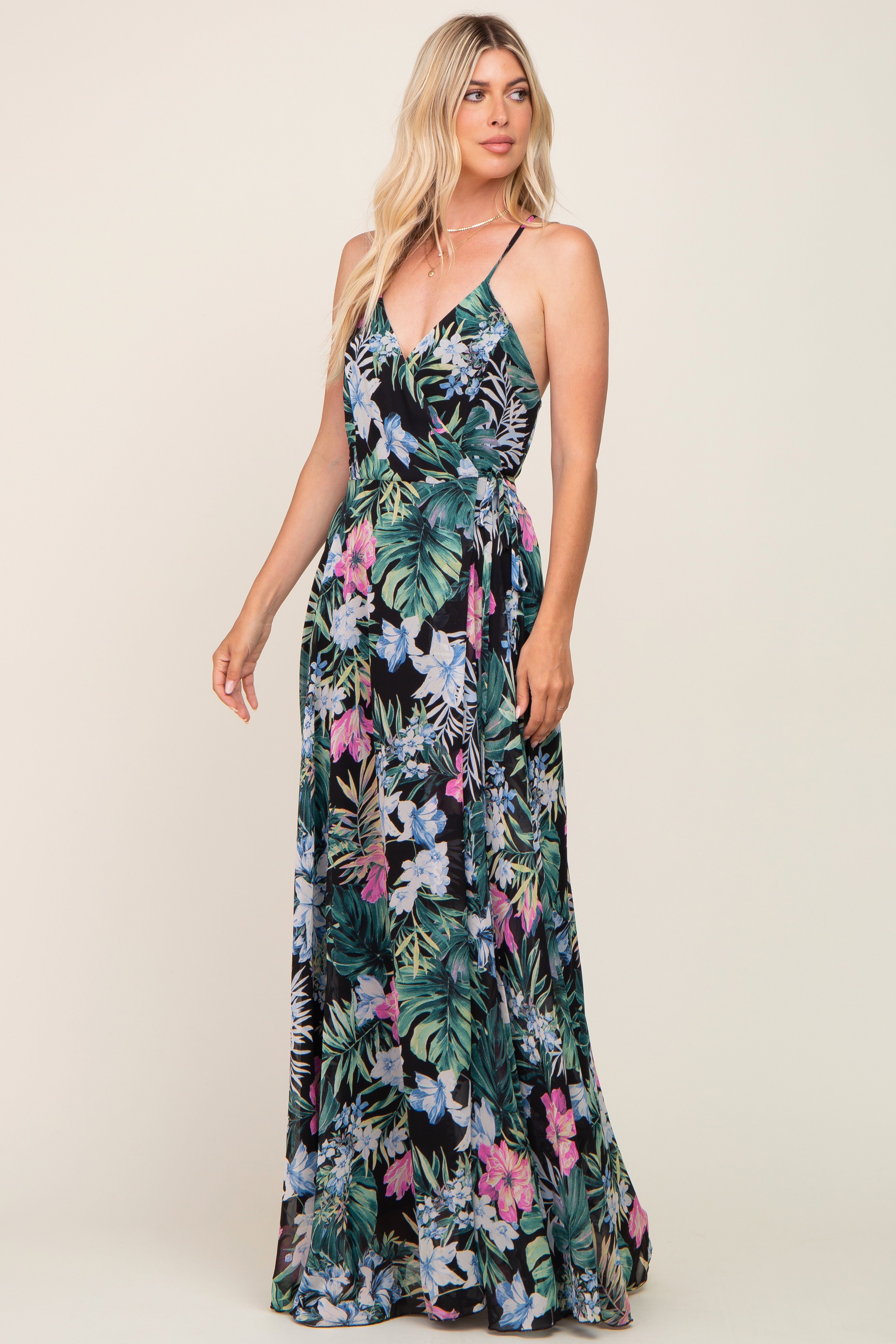 Black Tropical Floral Chiffon Wrap Front Maxi Dress PinkBlush