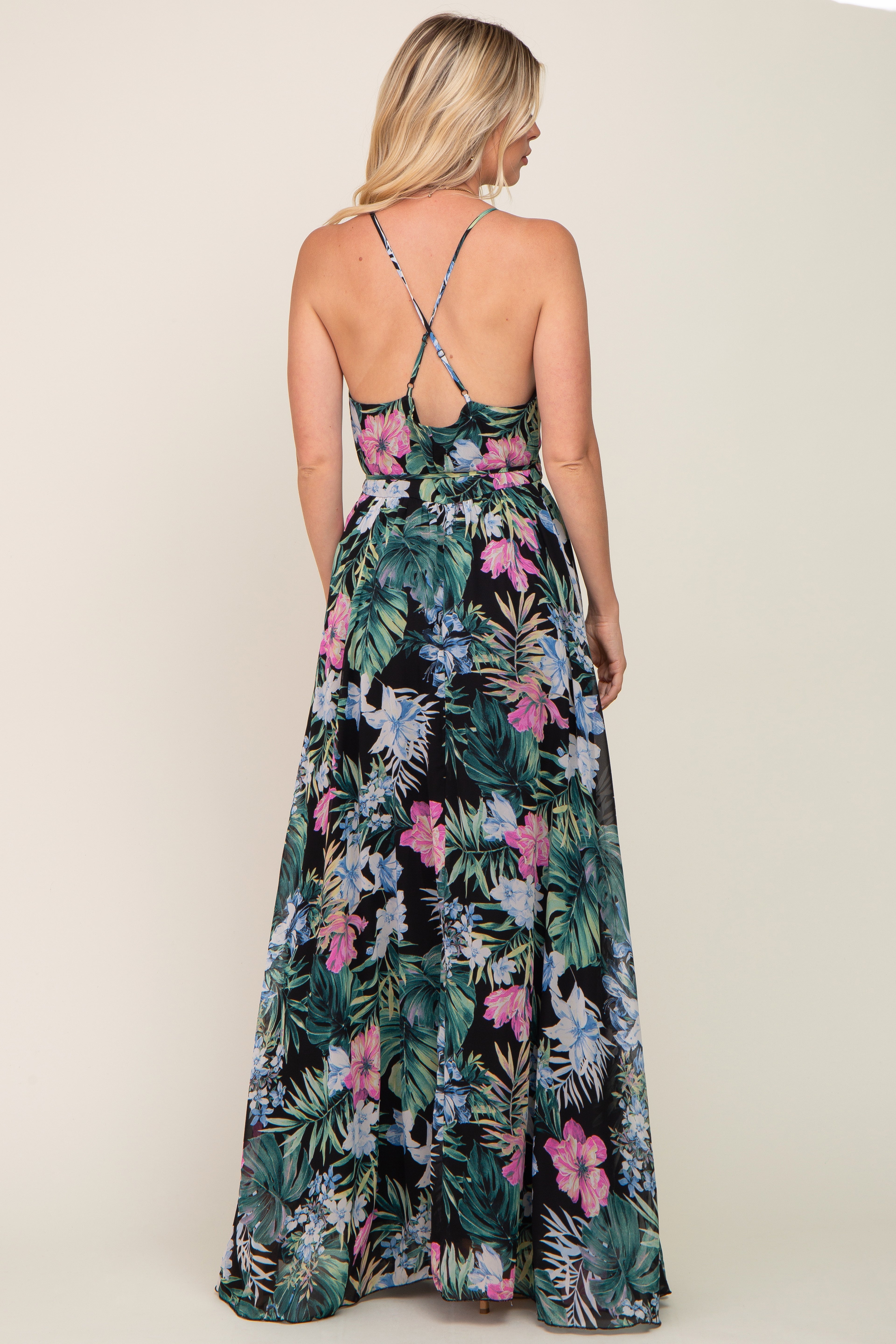 Black Tropical Floral Chiffon Wrap Front Maxi Dress PinkBlush