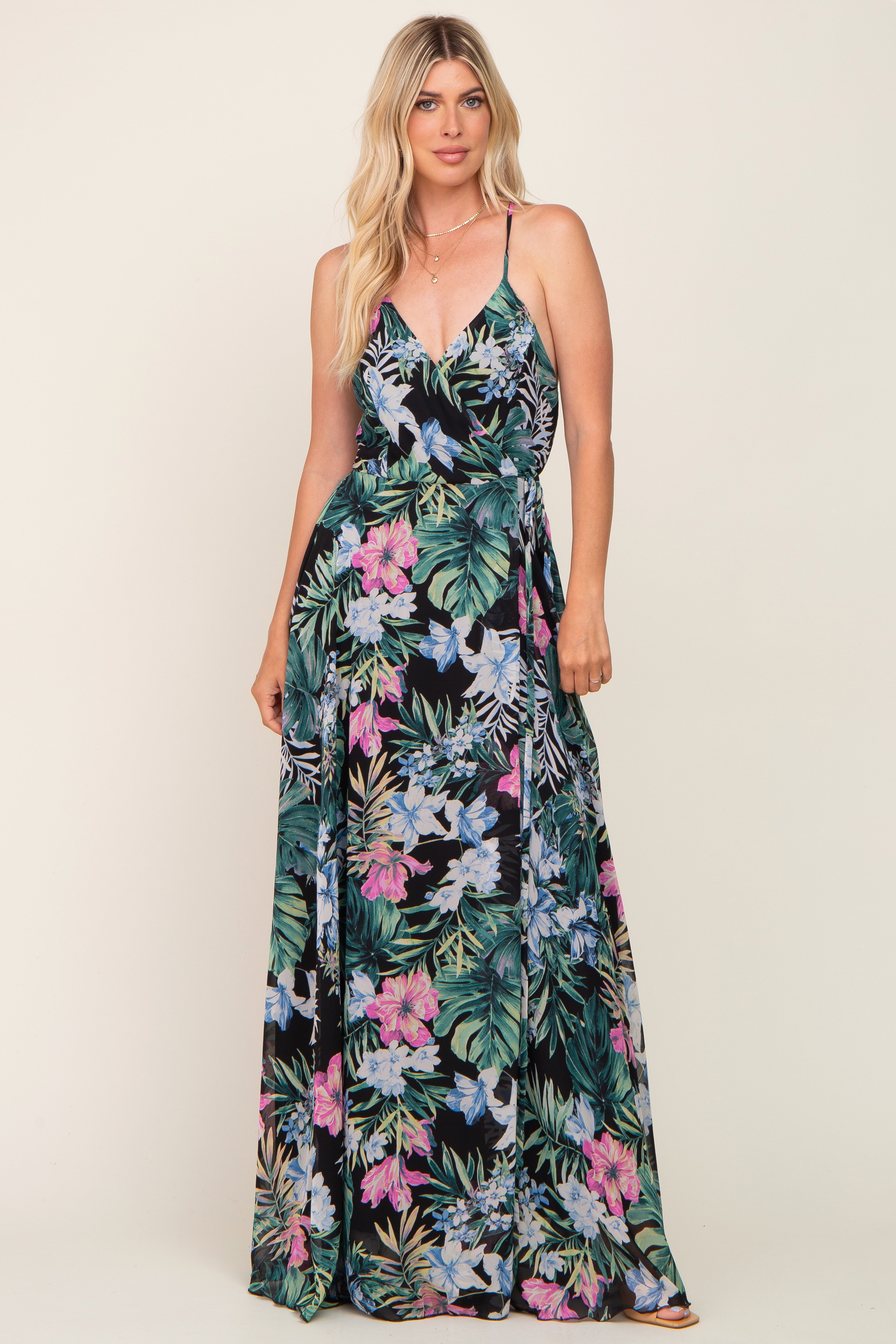 Black Tropical Floral Chiffon Wrap Front Maxi Dress PinkBlush