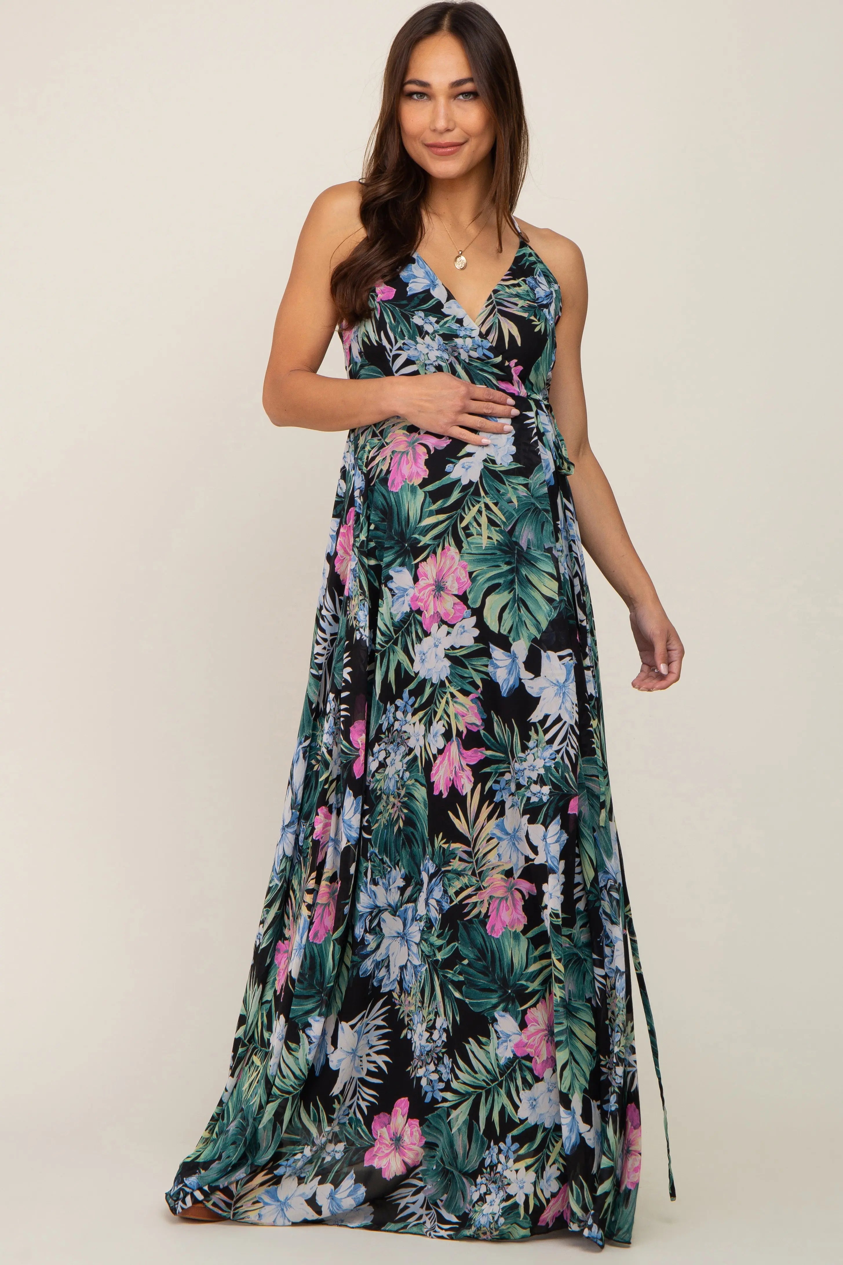 Black Tropical Floral Chiffon Wrap Front Maternity Maxi Dress PinkBlush