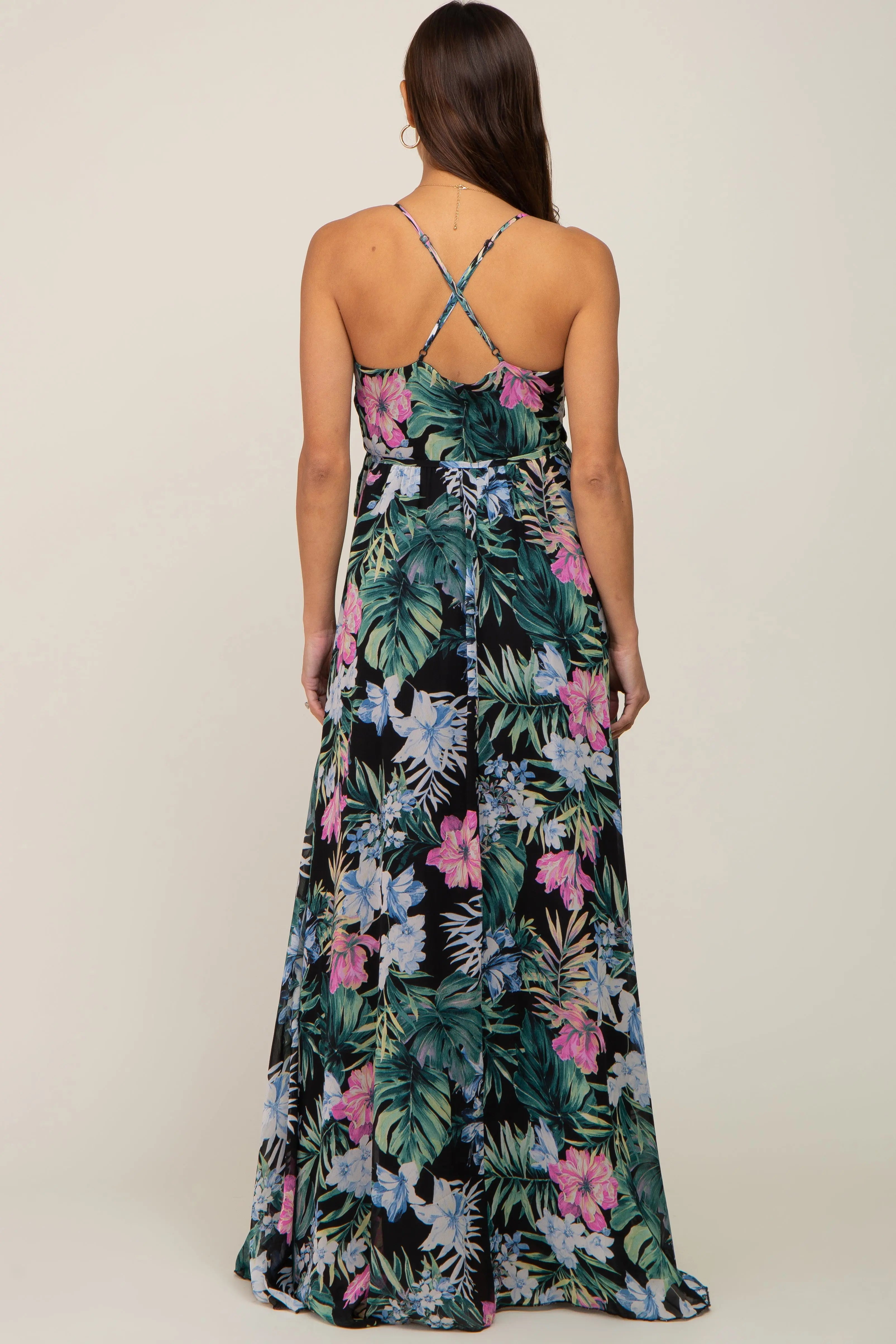 Black Tropical Floral Chiffon Wrap Front Maternity Maxi Dress PinkBlush