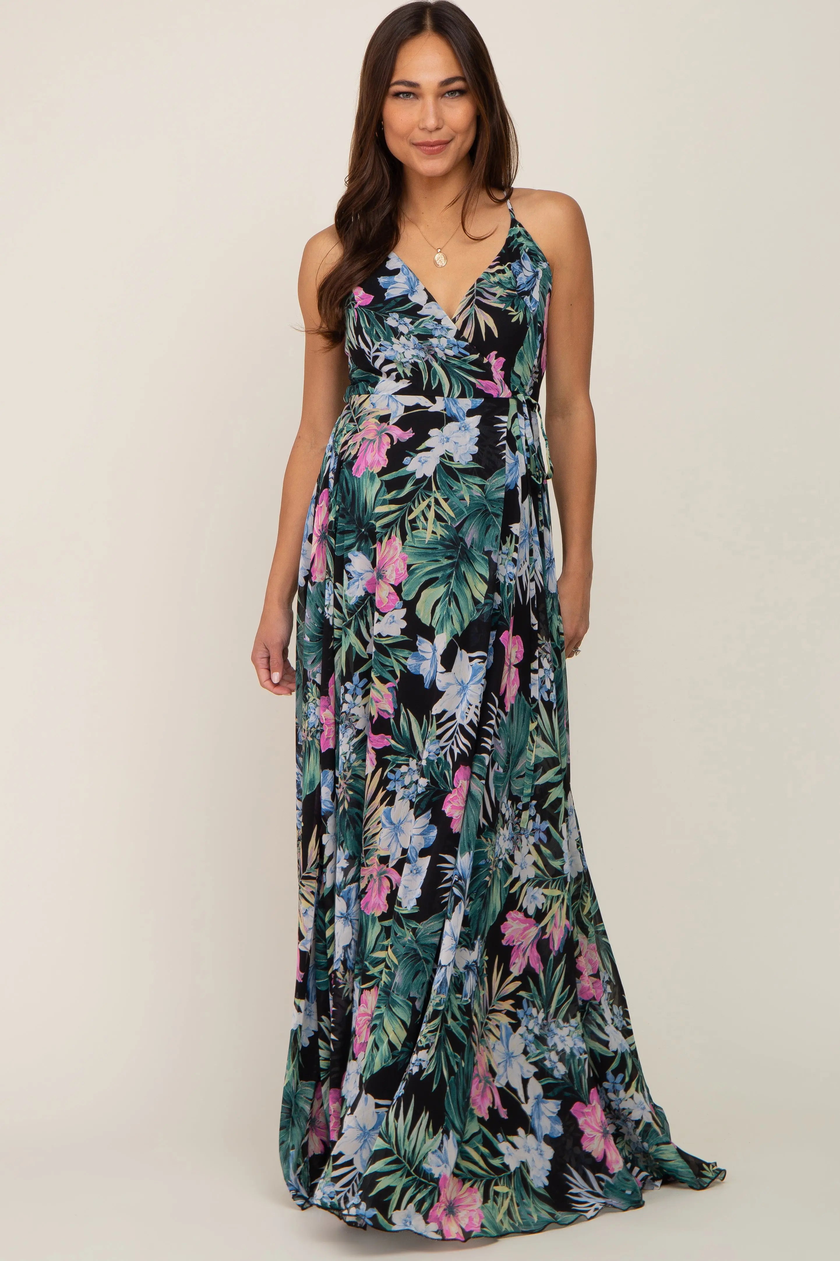 Black Tropical Floral Chiffon Wrap Front Maternity Maxi Dress PinkBlush