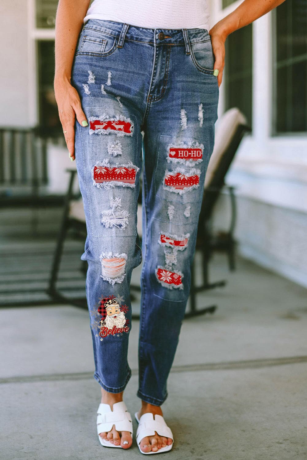 Santa Graphic Distressed Straight Jeans.