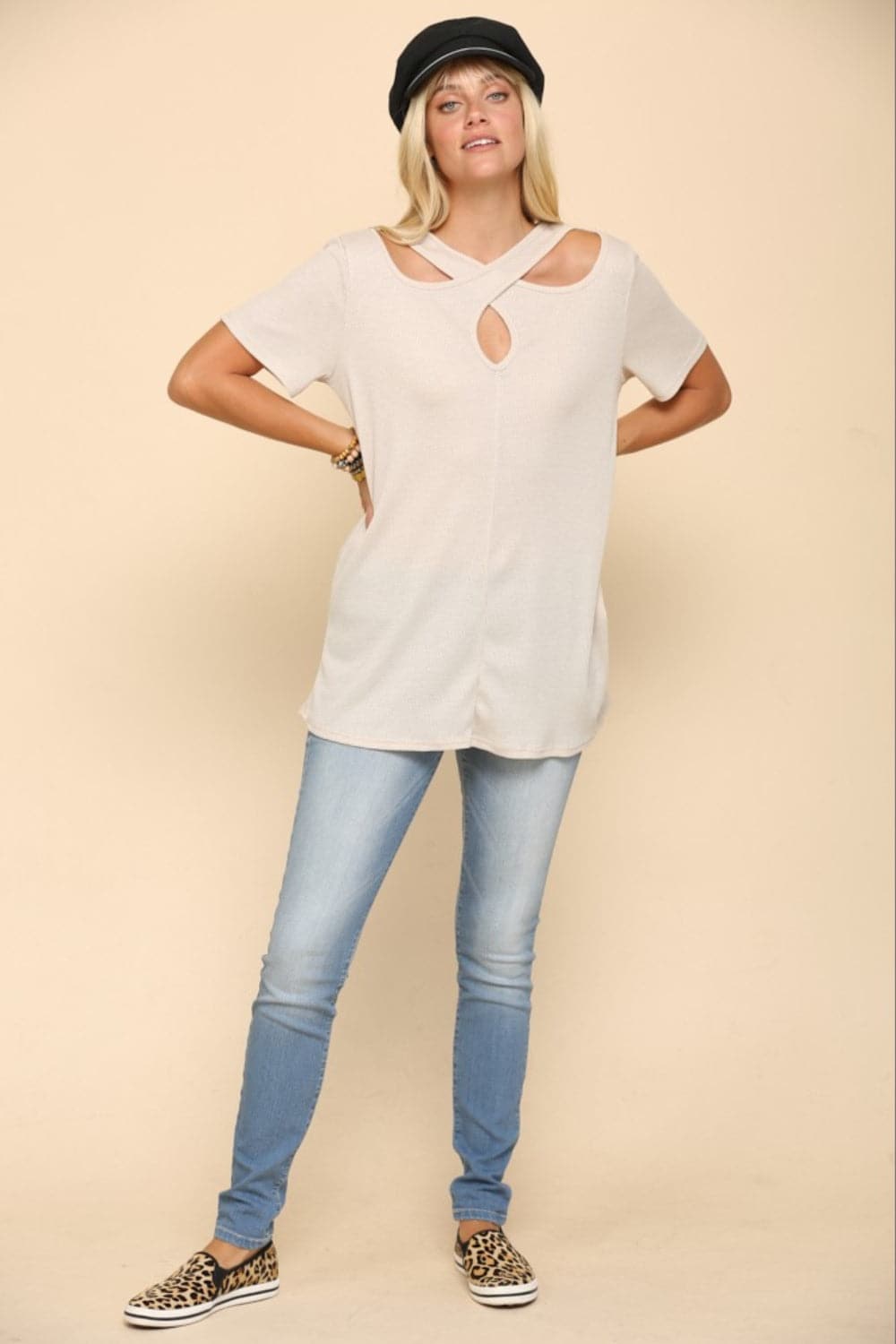 Celeste Full Size Crisscross Cutout Short Sleeve T-Shirt.