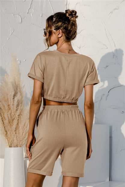 Short Sleeve Cropped Top and Drawstring Shorts Lounge Set.