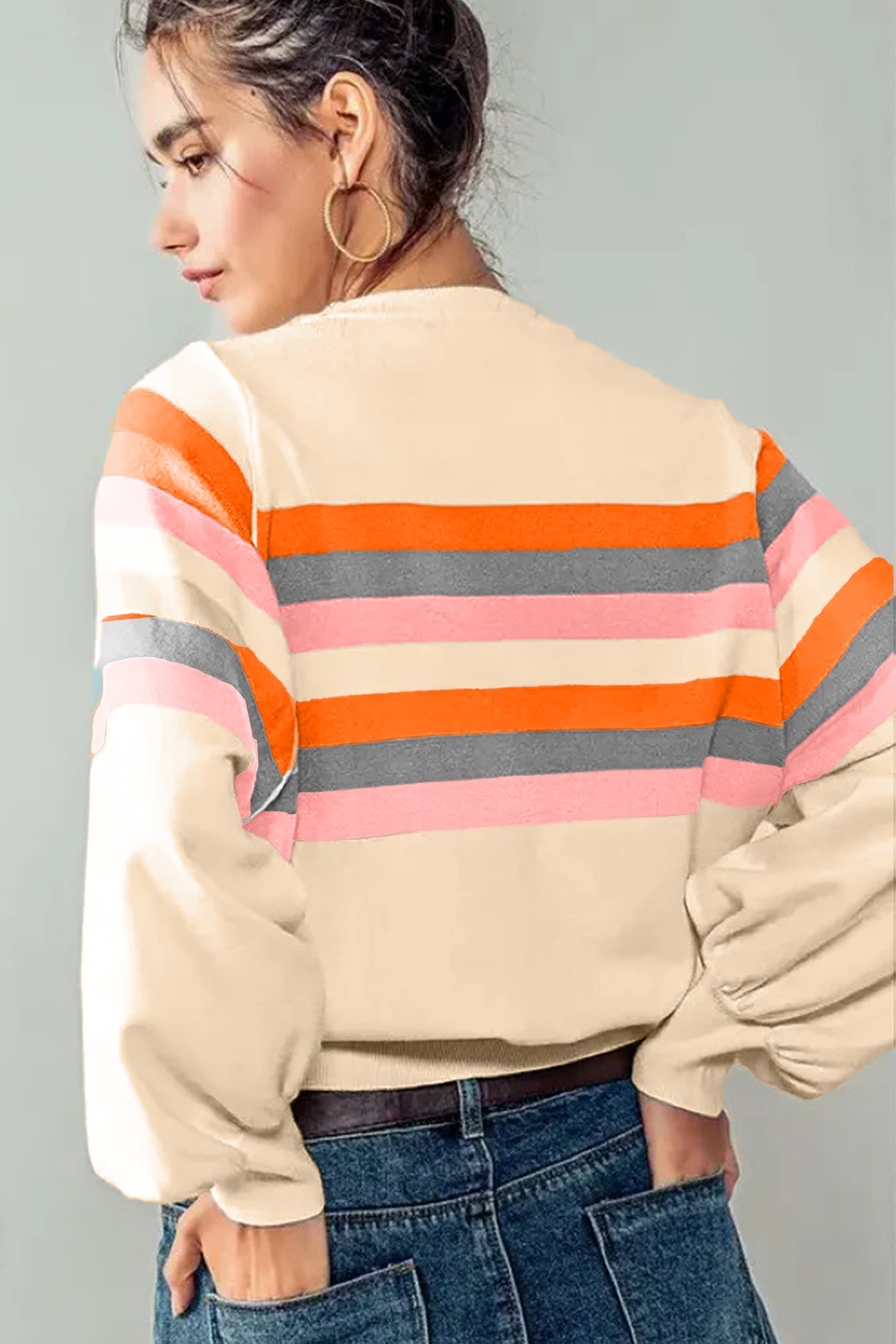 Beige Stripe Puff Sleeve Casual Pullover Sweatshirt For Women Cozy Knit Jumper Everyday Comfort Dear-Lover Dropshipping