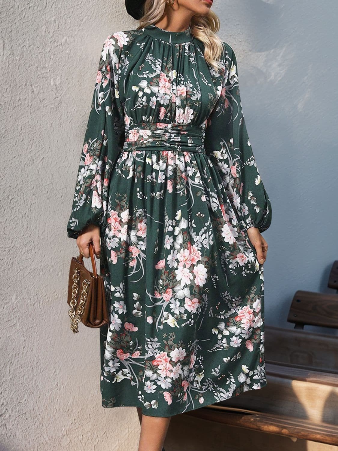 Ruched Printed Mock Neck Long Sleeve Midi Dress.